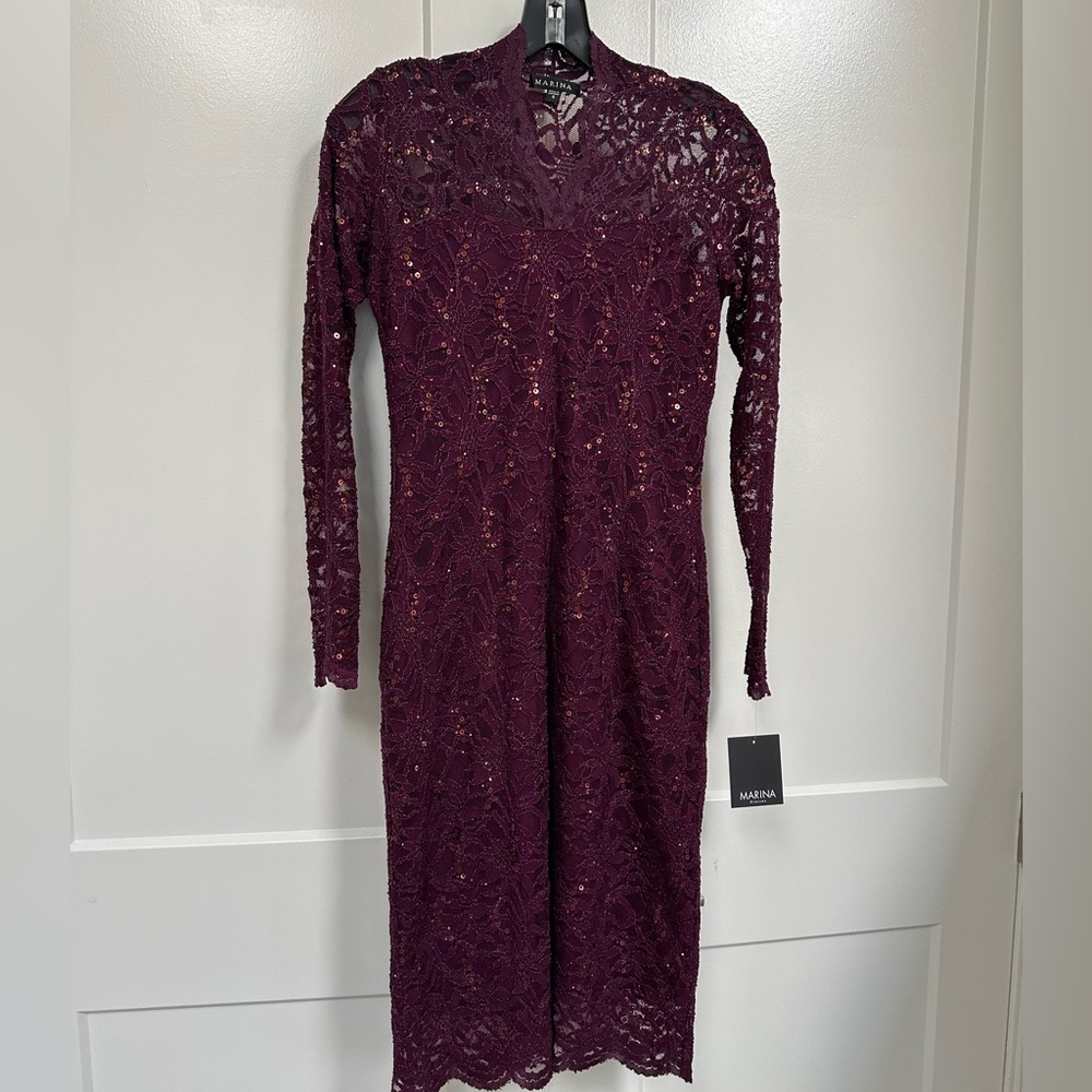 Marina long Sleeve Sequin Lace Dress Merlot Burgundy     Size 6